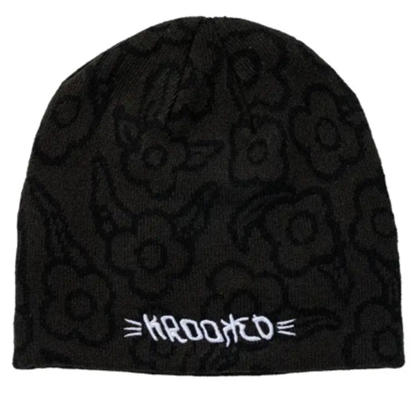Krooked Brush Script Flowers Beanie Black